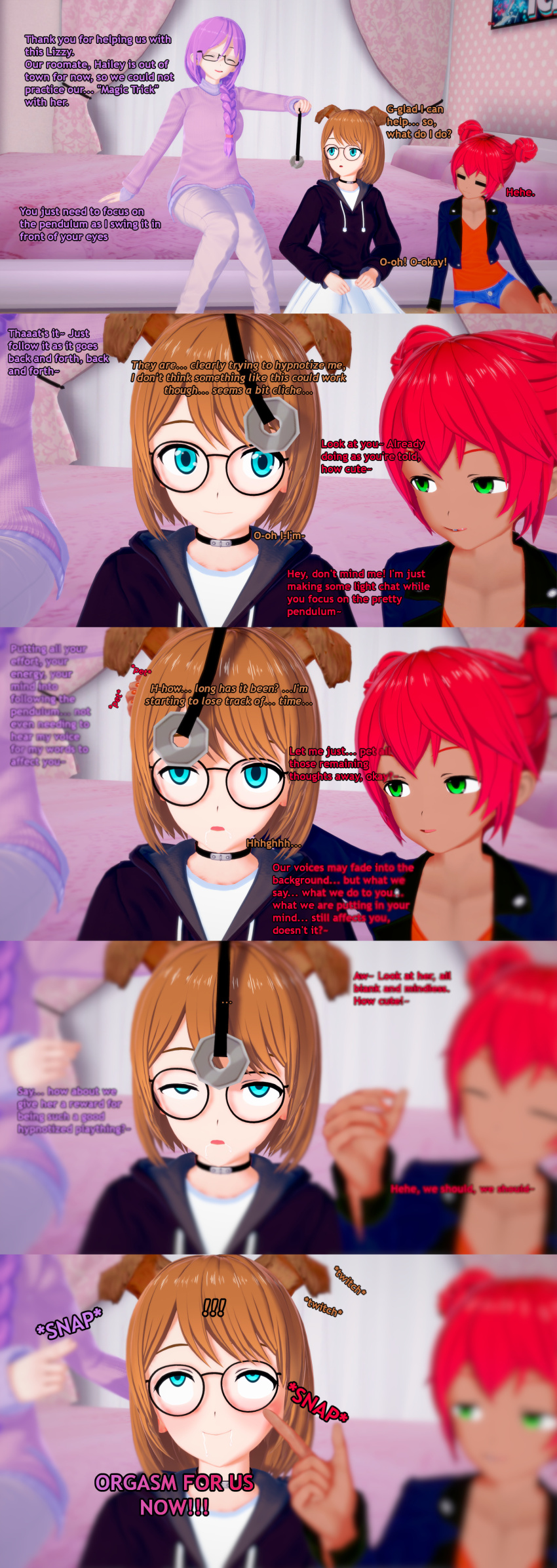 3d absurdres blue_eyes consensual dialogue dog_ears dog_girl english_text finger_snap glasses green_eyes koikatsu! liz_b lizzy_(hypno_cutie) orgasm_command pendulum purple_hair red_hair sequence text veronica_(liz_b) willow_(liz_b)