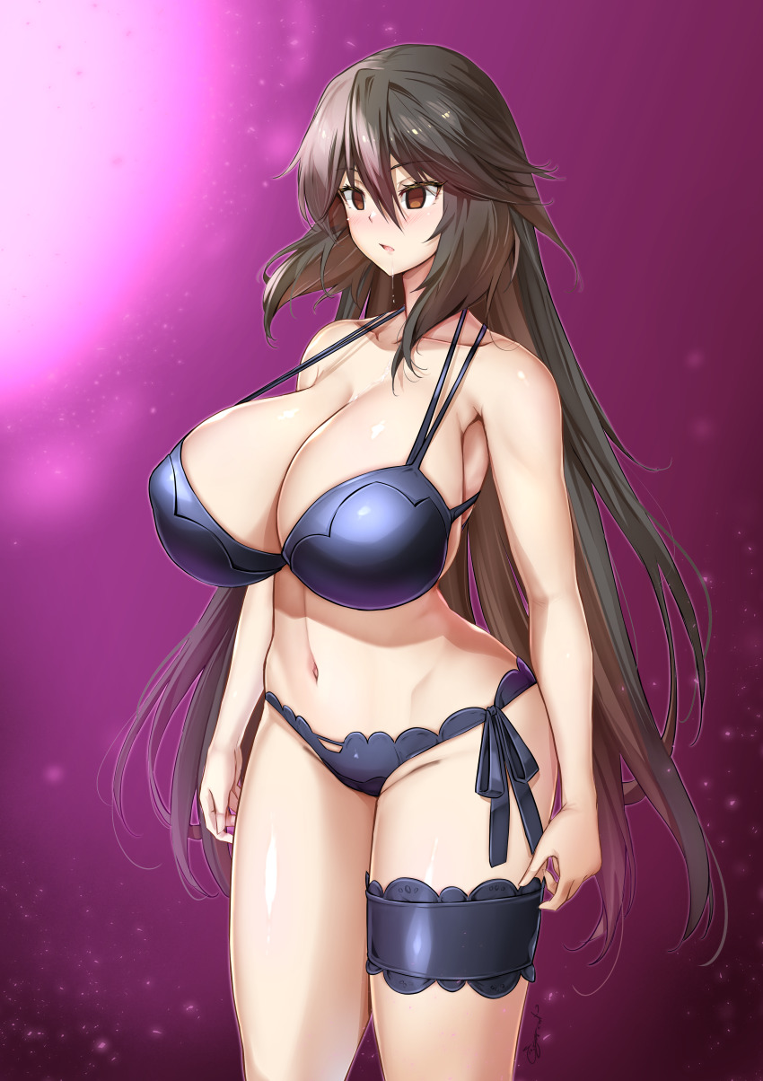 absurdres bikini black_hair blush breasts brown_eyes cigarcat cleavage drool expressionless female_only femsub huge_breasts infinite_stratos navel open_mouth orimura_chifuyu simple_background solo standing very_long_hair