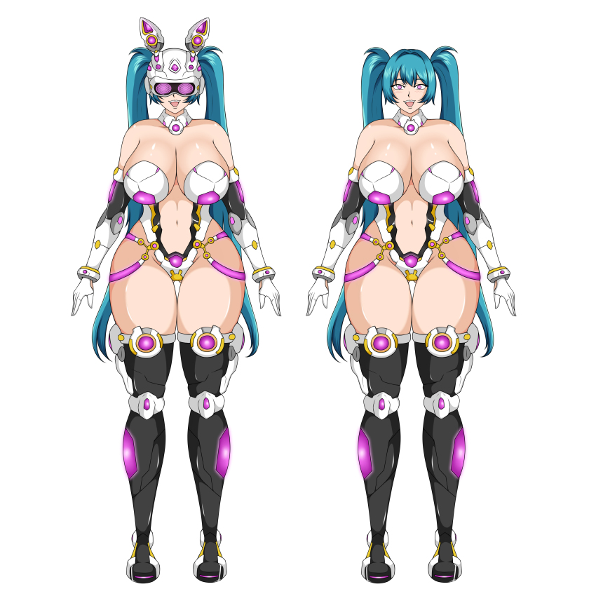 arm_warmers blue_hair breasts dronification femsub goggles happy_trance helmet kinguart miku_hatsune navel spiral_eyes tech_control twintails vocaloid