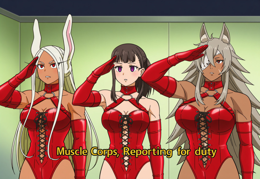 ai_art animal_ears bondage brown_hair bunny_ears choker dark_skin empty_eyes english_text eyepatch femsub fire_force ghislaine_dedoldia gloves hellsing002_(generator) leather maki_oze muscle_girl mushoku_tensei my_hero_academia opera_gloves rumi_usagiyama saluting scar white_hair