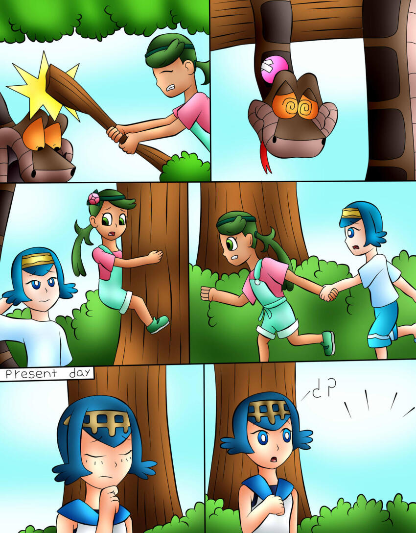 blue_hair comic disney green_hair jerrydestrtoyer kaa lana_(pokemon) loli mallow_(pokemon) multiple_girls nintendo pokemon snake the_jungle_book trance_break