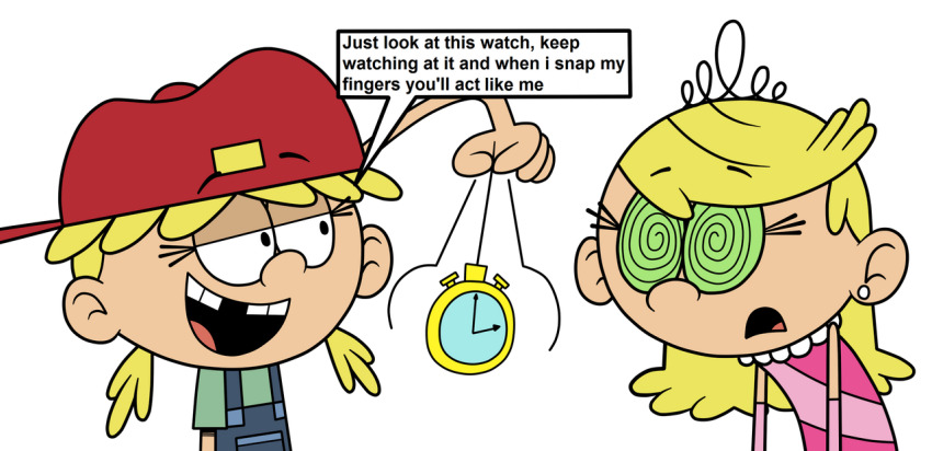 blonde_hair dialogue eagc7 femdom femsub lana_loud lola_loud loli loud_house spiral_eyes text