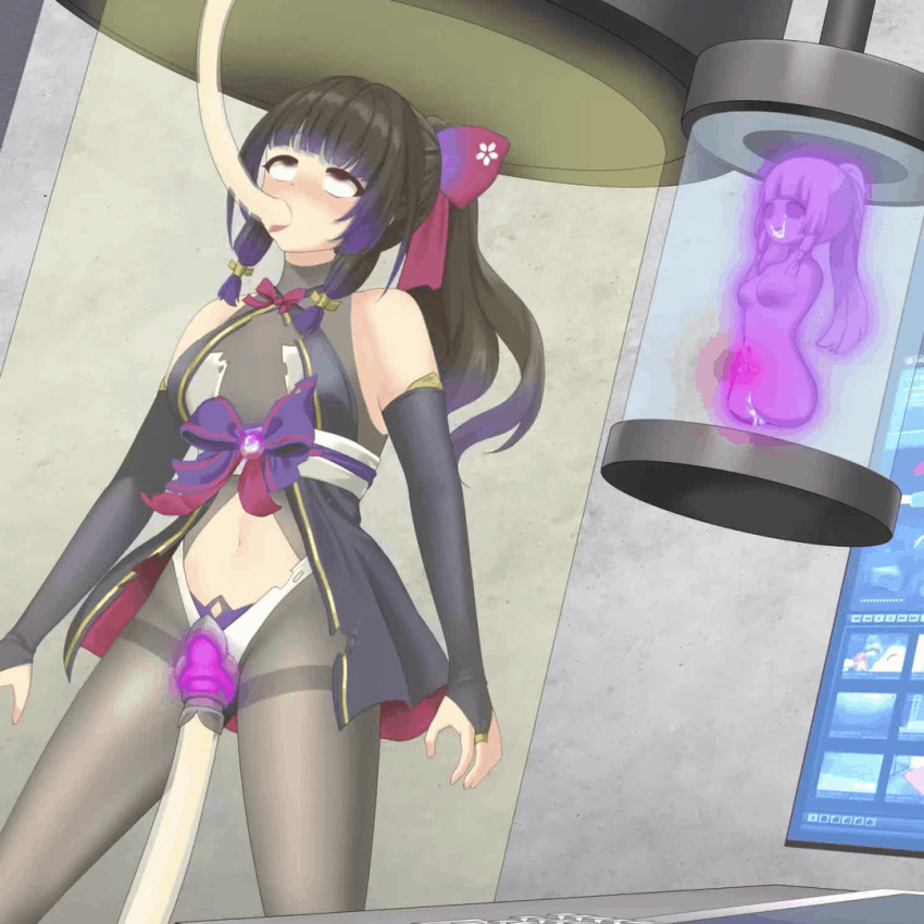 animated animated_gif bare_shoulders black_hair blush bodysuit bow brown_eyes corruption crossed_eyes crotch_tattoo cum empty_eyes eye_roll female_only femsub fingerless_gloves force_feeding gloves jewelry magical_girl monitor mvv navel open_mouth opera_gloves original pantyhose ponytail purple_hair ribbon sex_machine skirt stasis_tank statue straight-cut_bangs tattoo tongue tongue_out torn_clothes vaginal