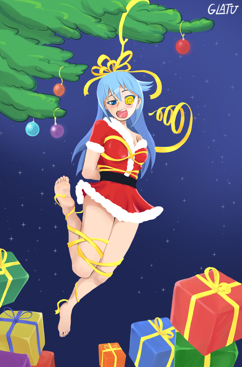 alternate_costume aqua_(konosuba) arms_behind_back bare_legs barefoot blue_eyes blue_hair blush bondage christmas christmas_tree feet female_only femsub glatu hair_ribbon kono_subarashii_sekai_ni_shukufuku_wo! new_years open_mouth red_dress resisting ribbon ribbon_bondage santa_costume spiral spiralwash_eyes symbol_in_eyes very_long_hair yellow_eyes