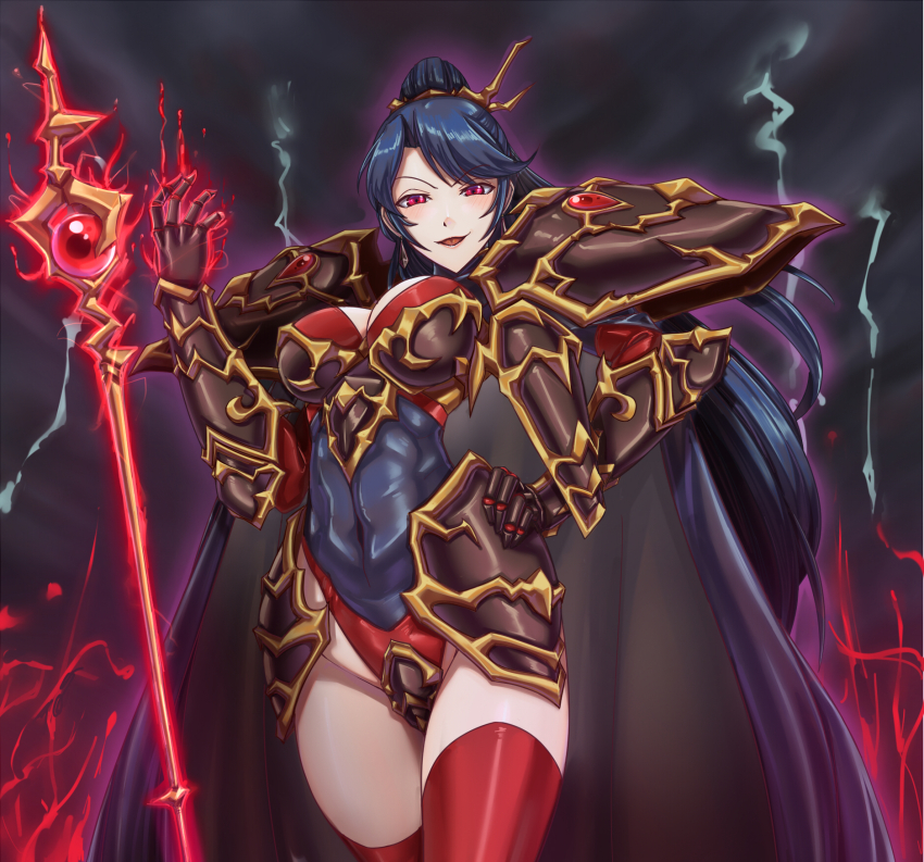 alternate_costume armor aura black_hair blush bozel_(langrisser) breasts cape cleavage corruption evil_smile femsub floating gloves glowing hand_on_hip happy_trance jessica_(langrisser) langrisser large_breasts leebigtree long_hair looking_at_viewer magic open_mouth ponytail possession red_eyes smile staff thighhighs thighs