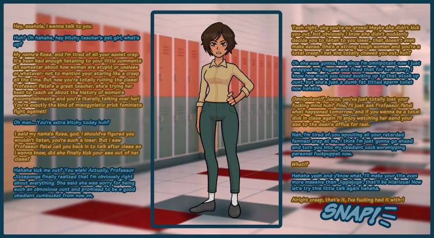 absurdres bad_end before_and_after brown_hair clothed female_only femsub instant_loss maledom sexism text unlikely verbal_abuse