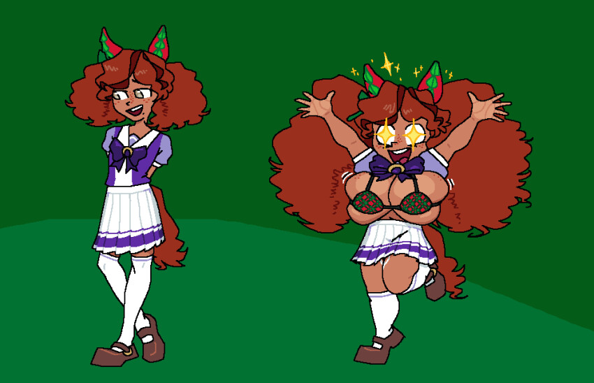 animal_ears arms_above_head before_and_after bow_tie bra breast_expansion curly_hair cygames female_only femsub flat_chest freckles green_background grey_eyes hair_growth happy_trance horse_girl huge_breasts legs_up long_hair looking_at_viewer marvelous_sunday mole nice_nature open_mouth pussy_juice red_hair sarah_succubus school_uniform shirt shirt_lift shoes shrinking simple_background skirt smile socks solo standing symbol_in_eyes tail tan_skin transformation twinning uma_musume