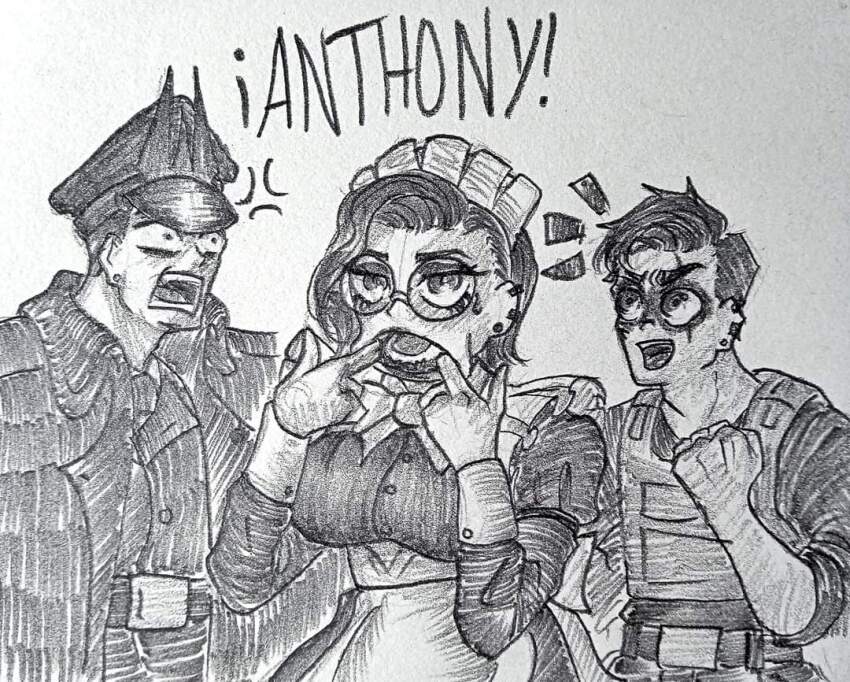 accidental_hypnosis armor belt bow coat dogboy_187 earrings femsub glasses grey_background greyscale hat headdress ivanov_gromov_(dogboy187) maid maid_headdress maria_(dogboy187) michael_anthony(dogboy187) milf monochrome multiple_boys original simple_background spanish_text tattoo text traditional unaware