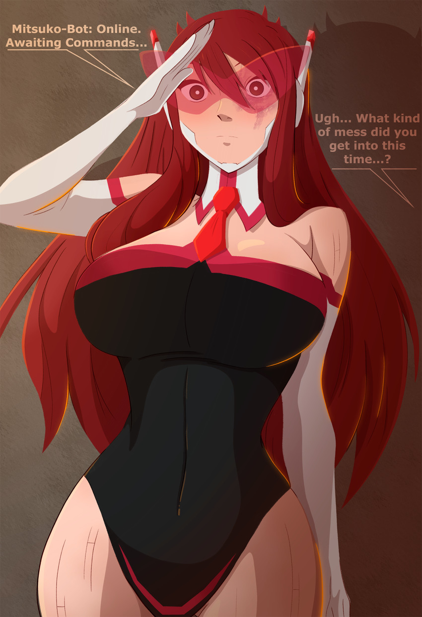 antenna disguised_hypnotist empty_eyes gloves mitsuko_(goddessmitsuko) original red_eyes red_hair robotization saluting standing standing_at_attention tagme tie visor