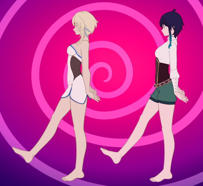 bangs belt blonde_hair blue_eyes blue_hair braid clothed dress empty_eyes expressionless feet femsub genshin_impact hypnotized_walking katsiika lumine_(genshin_impact) malesub multicolored_hair multiple_subs shirt short_hair shorts spiral spiral_background venti_(genshin_impact) yellow_eyes