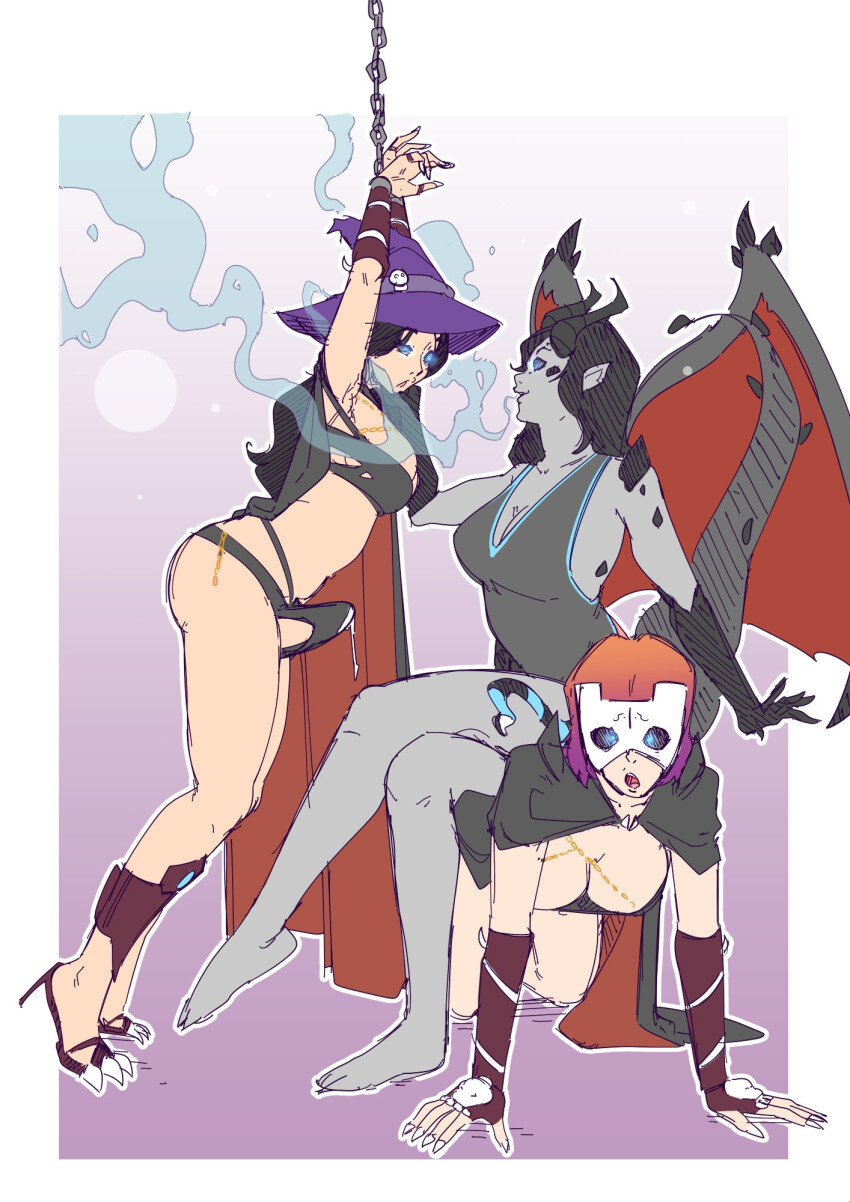 all_fours arm_warmers armpits arms_above_head ass bare_legs barefoot black_hair black_sclera blue_eyes border bra bracelet breath cape chains cleavage crossed_legs cum cum_on_clothes dragon_girl dress efalabrino elf_ears erection erection_under_clothes feet femdom femsub fingerless_gloves futanari gloves glowing glowing_eyes gradient_background grey_skin hand_on_another&#039;s_cheek hanging_breasts hanging_down hat high_heels horns human_furniture hypnotic_smoke jewelry kay_(kilprel) large_breasts long_hair mask mina_morgan_(somebodyiusedtohypno) multicolored_hair nail_polish open_mouth opera_gloves orange_hair original purple_background purple_hair restrained rosie_(personagirl) scales short_hair simple_background sitting smoke tail toenail_polish underwear undressing wings witch witch_hat