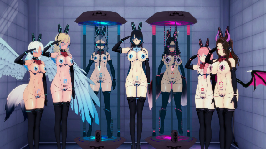 3d barcode black_hair blake_(blakiee) blonde_hair blue_eyes blue_hair body_writing breasts brown_hair bunny_boy bunny_ears bunny_girl bunnybots_(milena) cat_boy clothed_exposure collar crotch_tattoo cuffs demon_girl expressionless femboy femsub fox_girl gloves grey_hair horns jamie_(blakiee) koikatsu! lipstick liz_(blakiee) long_hair malesub milena milena_(milena) multiple_girls multiple_subs navel opera_gloves original pasties pink_hair ribbon robot robot_boy robot_girl robotization saluting standing_at_attention succubus tail tech_control thighhighs transformation tubes visor white_hair white_skin wings