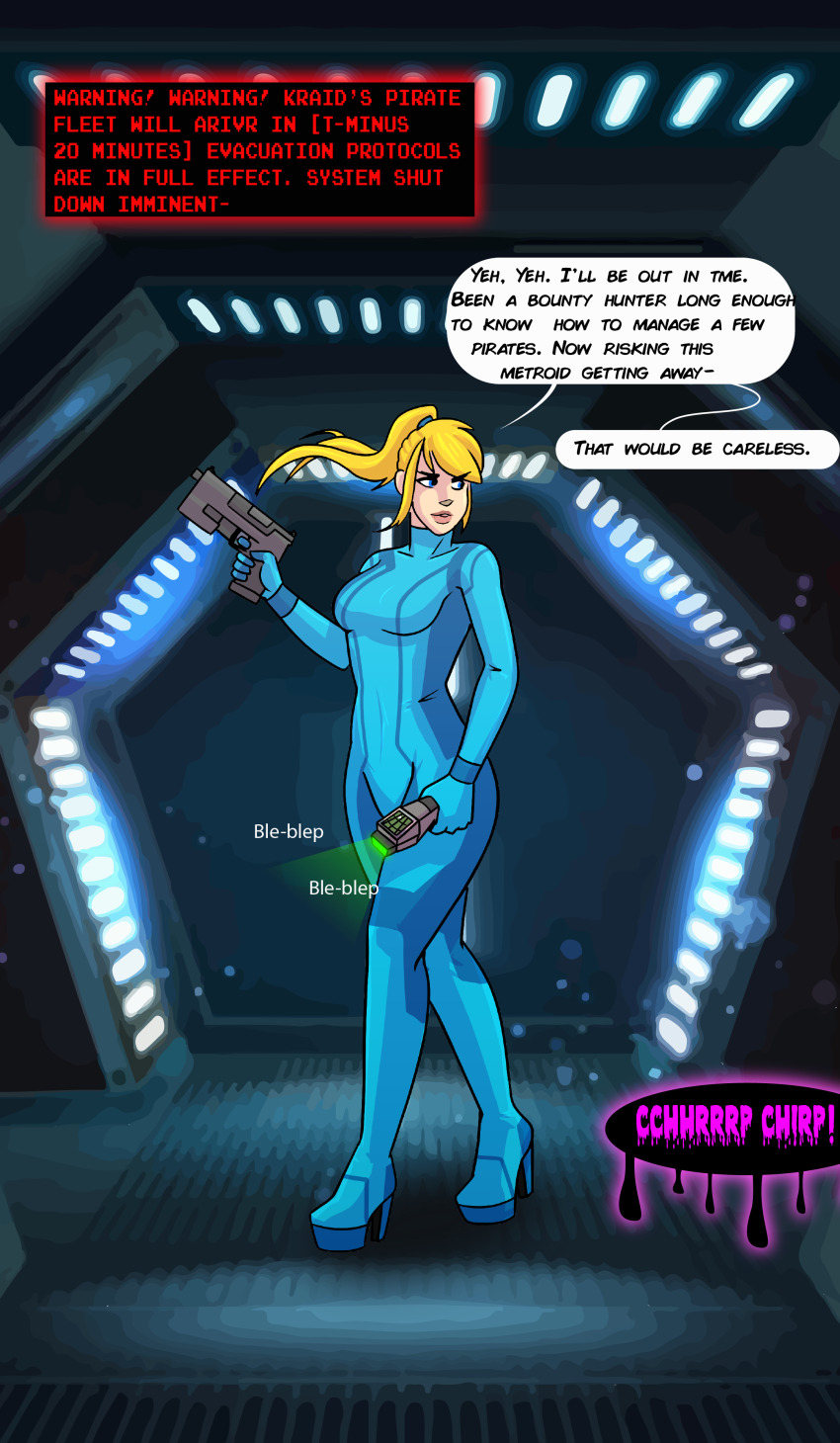 absurdres bimbofication blonde_hair bodysuit comic dialogue female_only femsub gun high_heels jessiestartf metroid_(series) nintendo ponytail samus_aran sequence solo speech_bubble standing text transformation weapon zero_suit