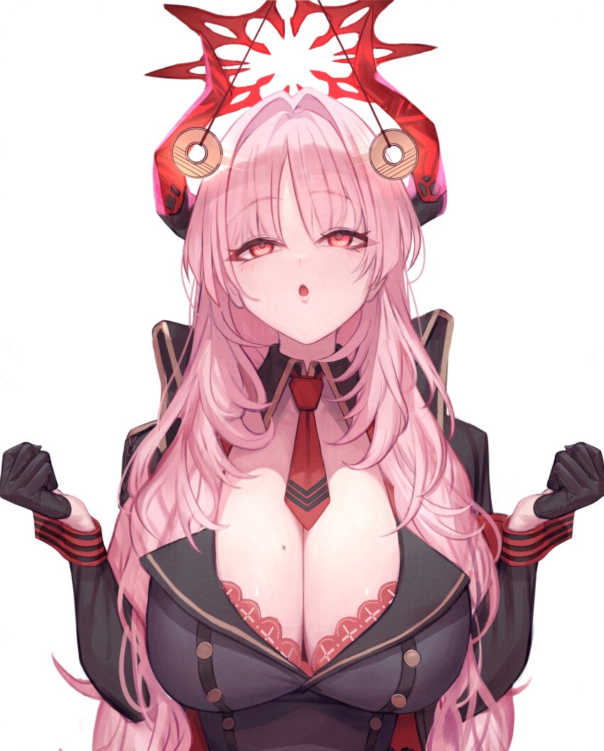 absurdres bangs blue_archive blush breasts cleavage coin expressionless female_only femsub gloves halo horns huge_breasts moco_28 mole open_mouth pendulum pink_hair red_eyes satsuki_(blue_archive) simple_background solo spiral_eyes tie very_long_hair white_background