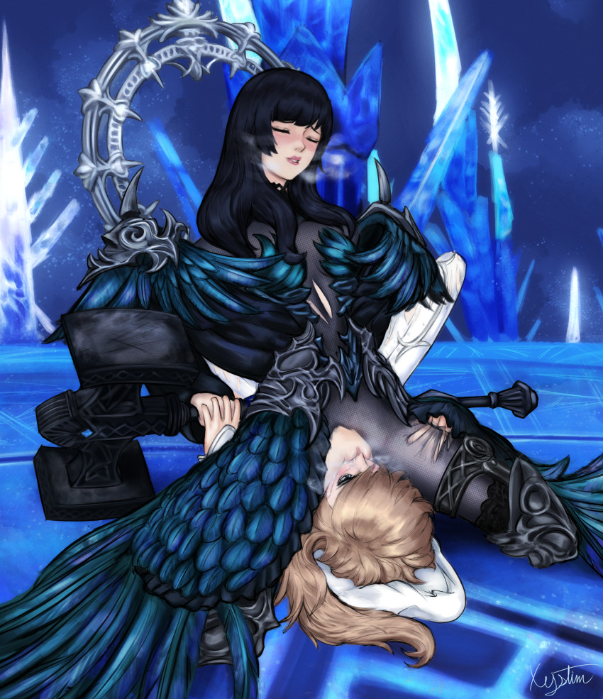 alternate_costume alternate_form alternate_hair_color assertive_sub black_hair blush breasts closed_eyes corruption femsub final_fantasy final_fantasy_xiv gaia_(final_fantasy_xiv) hair_color_change hammer holding_breasts holding_hands kneeling long_hair lying mitron possession pussy pussy_juice ryne sex shiva_(final_fantasy) spoilers square_enix sub_on_sub torn_clothes weapon xystim yuri