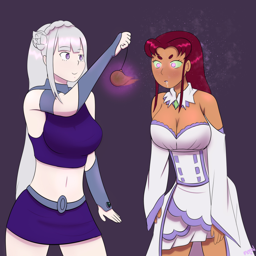 alien_girl dazed dc_comics drool emilia_(re:zero) female_only femdom femsub glowing glowing_eyes grey_hair m00n_key navel pendulum pink_eyes purple_background purple_eyes re:zero_starting_life_in_another_world red_hair starfire symbol_in_eyes teen_titans