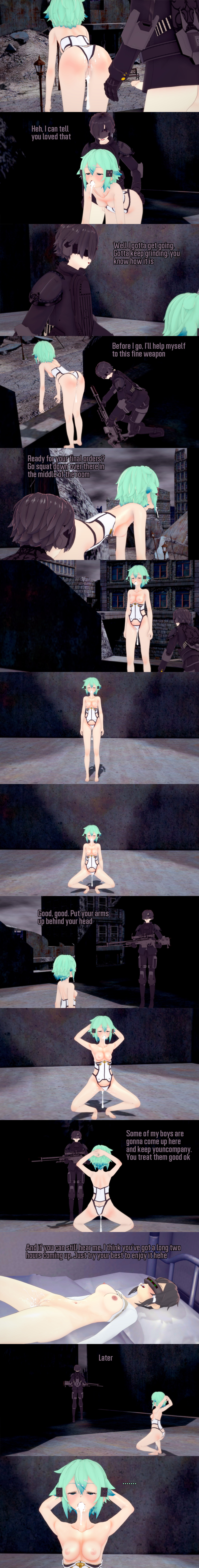 absurdres anus arms_above_head bent_over black_hair breasts cum cum_in_mouth cum_in_pussy dialogue empty_eyes english_text expressionless femsub green_eyes green_hair gun maledom nipples nude pussy shino_asada short_hair squatting sword_art_online text weapon zenin1