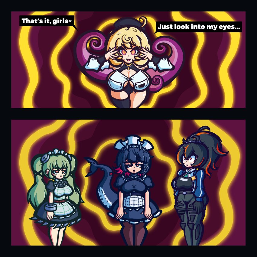 bent_over blonde_hair empty_eyes english_text expressionless female_only femdom femsub hat heavy_eyelids hypnotic_eyes long_hair maid maid_headdress multicolored_hair multiple_girls multiple_subs open_mouth policewoman ponytail shark_girl short_hair smushdrop spiral spiral_eyes standing symbol_in_eyes tagme text