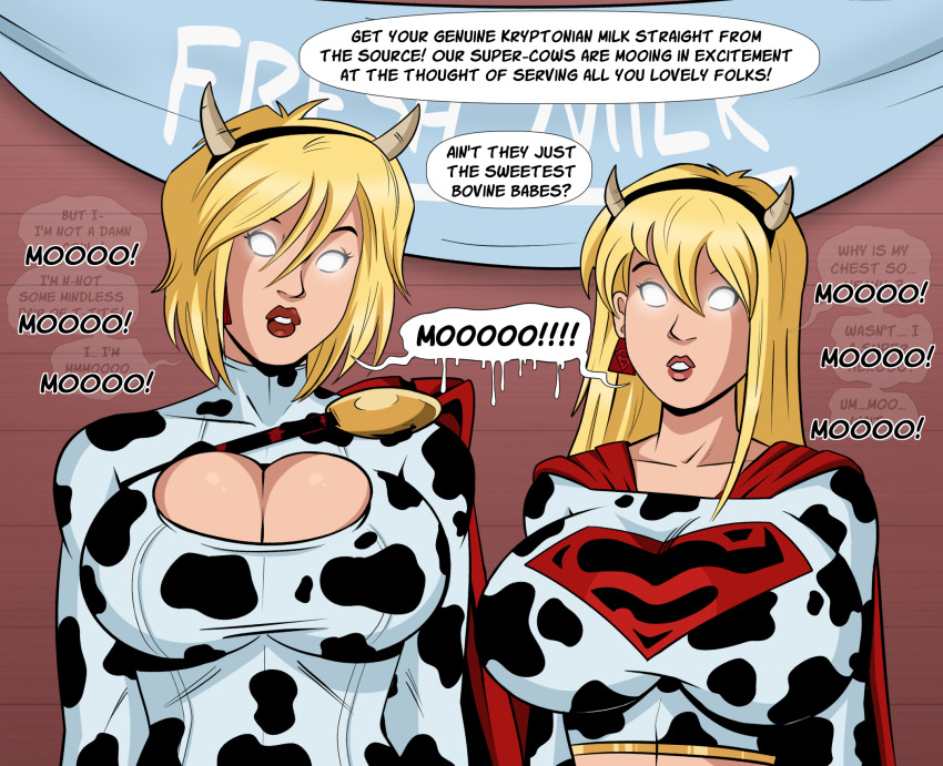 blonde_hair breast_expansion breasts cape cleavage cleavage_cutout collarbone cow_print crop_top dc_comics dialogue earrings expressionless female_only femsub glowing_eyes hair_band horns hucow huge_breasts leotard lipstick long_hair multiple_girls multiple_subs polmanning power_girl red_lipstick resisting short_hair speech_bubble super_hero supergirl text thought_bubble whitewash_eyes