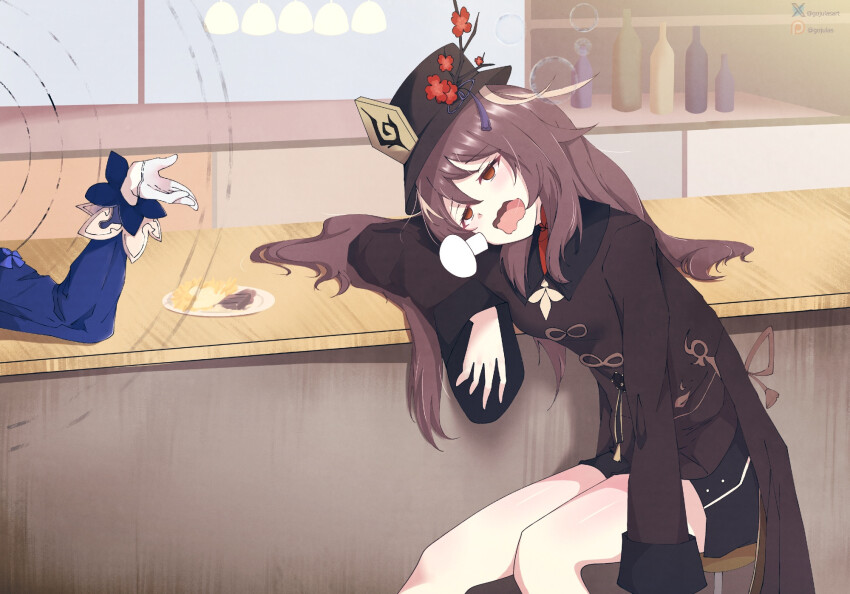 bottle brown_eyes brown_hair character_request emblem eyebrows_visible_through_hair female_only femsub flower_in_hair food genshin_impact gojulas hat hu_tao_(genshin_impact) hypnovember legs long_hair shorts sitting sleep_command sleepy snoring suit table top_hat