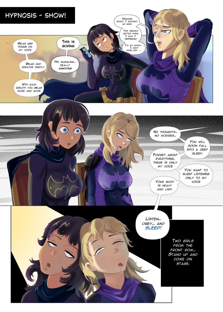 accidental_hypnosis batgirl batman_(series) black_hair blonde_hair cassandra_cain comic dc_comics drool eye_roll female_only femsub glatu sleep_command sleeping sleepy stage_hypnosis stephanie_brown super_hero text traditional_hypnosis