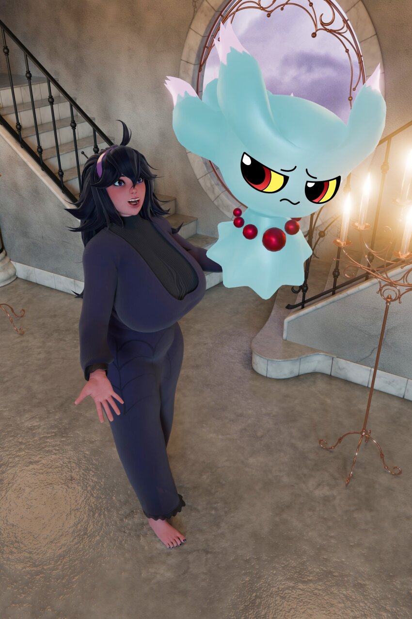 3d absurdres ahoge barefoot breasts candle clothed dress feverdreamerr flame floating ghost hex_maniac huge_breasts long_hair looking_back misdreavus multicolored_eyes nintendo open_mouth pokemon pokemon_(creature) pokemon_gold_silver_and_crystal pokemon_ruby_sapphire_and_emerald purple_hair standing tagme very_long_hair