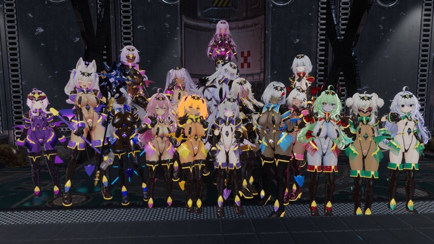 3d ahoge animal_ears bangs black_sclera bodysuit boots breasts cosplay crotch_tattoo cuffs dark_skin empty_eyes female_only femsub flat_chest gloves glowing_eyes green_hair hair_buns hair_ornament hammer happy_trance heart_eyes heterosexual large_breasts latex long_hair looking_at_viewer meltallic multicolored_hair multiple_girls multiple_subs open_mouth opera_gloves orange_eyes orange_hair pink_eyes pink_hair purple_hair purple_skin rubber short_hair slave_gear_(ts_mahou_shoujo_nao!) sling_bikini small_breasts smile staff straight-cut_bangs tail tan_skin tattoo thigh_boots thighhighs tight_clothing ts_mahou_shoujo_nao! twintails v very_long_hair visor vrchat weapon wings yellow_eyes