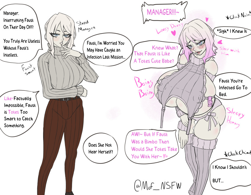 absurdres alternate_hair_color before_and_after bimbofication blue_eyes blush brain_drain breast_expansion breasts condom dialogue erect_nipples_under_clothes faust_(limbus_company) female_only femsub finger_to_mouth huge_breasts instant_loss large_breasts limbus_company lingerie looking_at_viewer love moffin office_lady pink_hair signature simple_background smile speech_bubble sweater text thighhighs transformation underboob virus white_background white_hair