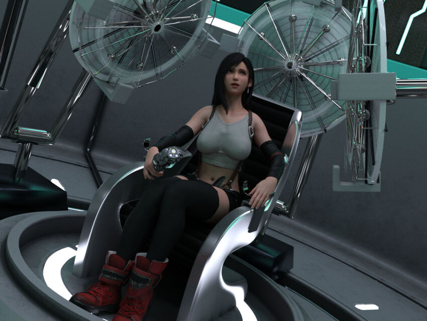 3d arm_warmers bare_shoulders before_and_after black_hair boots chair earrings female_only final_fantasy final_fantasy_vii large_breasts legs long_hair midriff mslumis navel open_mouth red_eyes sitting skirt socks solo tank_top thighhighs tifa_lockhart visor