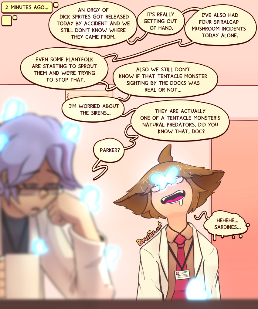 brain_drain brushie_art butterfly dialogue drool glasses glowing happy_trance hypnotic_creature id_card lab_coat lilac_(brushie_art) male_only malesub open_mouth original parker_(brushie_art) speech_bubble text