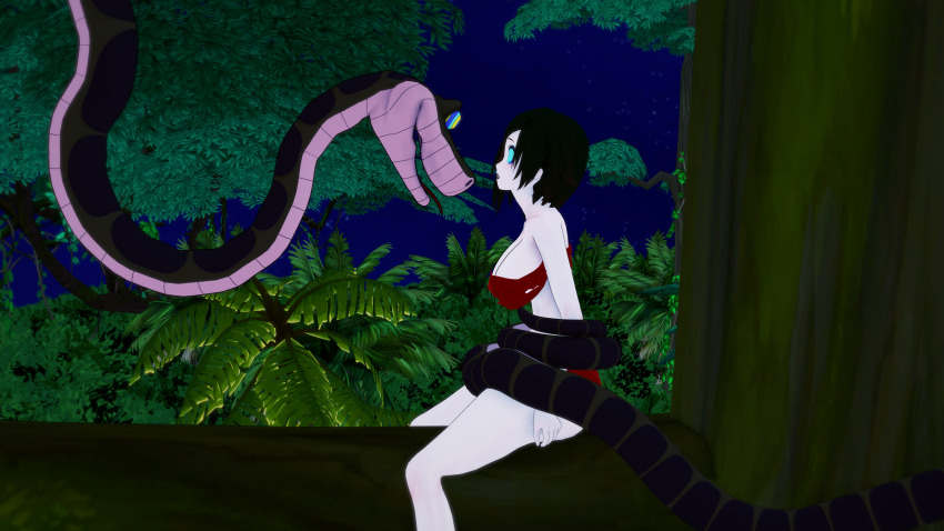 3d ass barefoot bikini black_hair breasts cleavage coils confused feet grey_eyes huge_ass huge_breasts jungle kaa kaa_eyes koikatsu! large_ass leaning_forward lipstick loincloth midriff mrkoiru multiple_girls open_mouth outdoors pale_skin ruby_rose rwby short_hair snake the_jungle_book wide_hips
