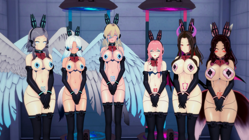 3d barcode black_hair blake_(blakiee) blonde_hair blue_eyes blue_hair body_writing breasts brown_hair bunny_boy bunny_ears bunny_girl bunnybots_(milena) cat_boy clothed_exposure collar crotch_tattoo cuffs demon_girl expressionless femboy femsub fox_girl gloves grey_hair horns jamie_(blakiee) koikatsu! lipstick liz_(blakiee) long_hair malesub milena milena_(milena) multiple_girls multiple_subs navel opera_gloves original pasties pink_hair ribbon robot robot_boy robot_girl robotization saluting standing_at_attention succubus tail tech_control thighhighs transformation tubes visor white_hair white_skin wings