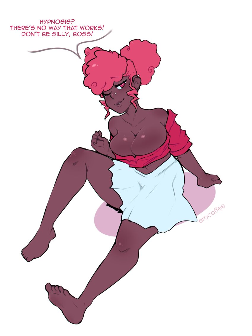 absurdres bare_shoulders barefoot breasts_outside dark_skin denial erocoffee feet instant_loss jess_(kylewtb) large_breasts open_mouth original pink_hair simple_background sitting skirt smile smug white_background