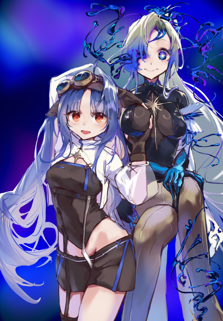 alternate_hairstyle arcaea arms_above_head arms_behind_back aura belt blonde_hair blue_background blue_eyes bodysuit breasts clothed corruption crossed_legs eye_color_change femdom femsub fingerless_gloves floating gloves glowing_eyes goggles goggles_on_head groping hair_color_change hair_covering_one_eye jacket large_breasts legs mitsuko_(arcaea) nonoka_(arcaea) nonoka_(azure) ponytail possession red_eyes shorts sitting smile thighhighs thighs toqin_(munm2577) very_long_hair