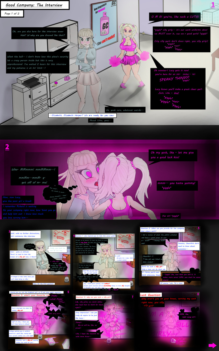 absurdres angry bangs bimbofication blonde_hair blue_eyes blush brain_drain cheerleader cleavage comic crossed_arms dialogue eyeshadow femsub glowing goodcompany hair_ornament heart hypnotic_smell hypnotized_assistant kissing large_breasts long_hair maledom mantra nail_polish office office_lady open_mouth original pink_eyes sequence sexism short_hair short_skirt skirt smile speech_bubble straight-cut_bangs tattoo text tongue tongue_out trigger twintails