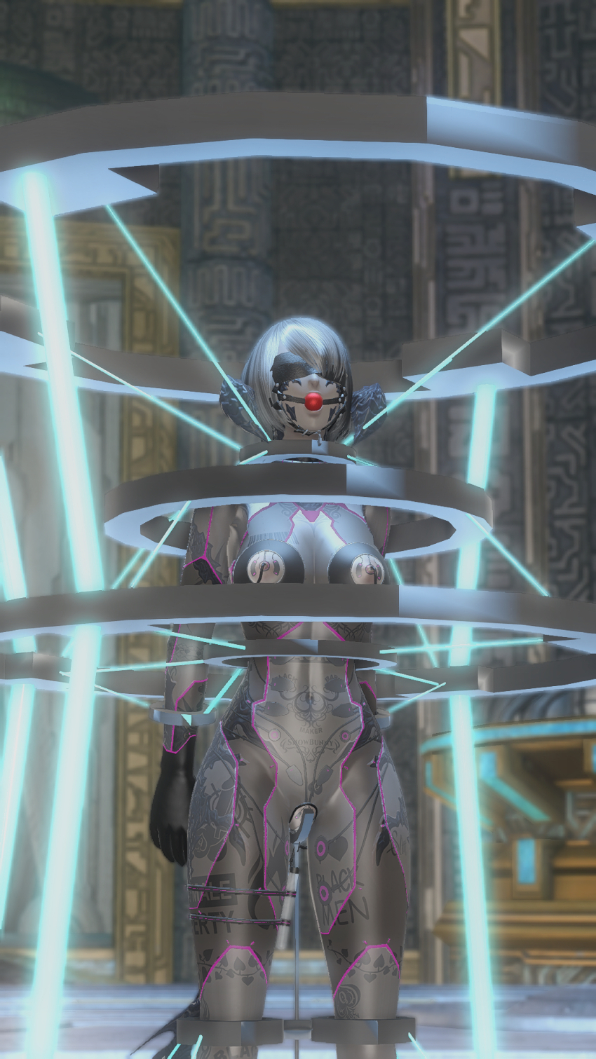 3d au_ra ausar ball_gag blindfold bodysuit breast_sucking breasts cleavage crotch_cutout crotch_tattoo female_only femsub final_fantasy final_fantasy_xiv gag gloves grey_hair hair_covering_one_eye milking_machine navel nipple_cutout qos restrained see-through sex_machine short_hair solo tattoo vaginal