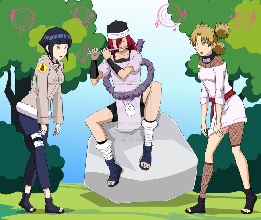 black_hair blonde_hair empty_eyes femsub flute hinata_hyuuga hypnotic_audio hypnotic_music hypnotized_walking instrument jimryu long_hair naruto_(series) red_hair sandals short_hair slouching tayuya temari