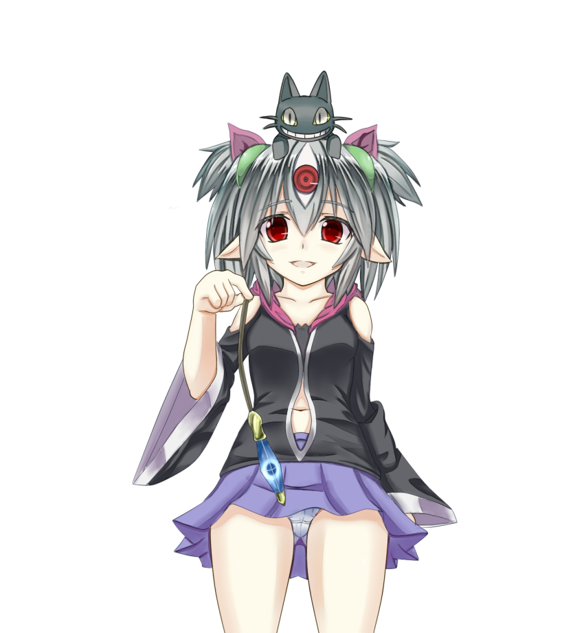 bare_shoulders black_bra blush crystal demon_girl elf_ears female_only grey_eyes grey_hair hoodie horns hypnosister jacket kenn looking_at_viewer navel pale_skin panties pendulum pov_sub red_eyes short_hair short_skirt simple_background skirt small_breasts smile solo thighs third_eye trancefamiliar white_background yu-gi-oh!