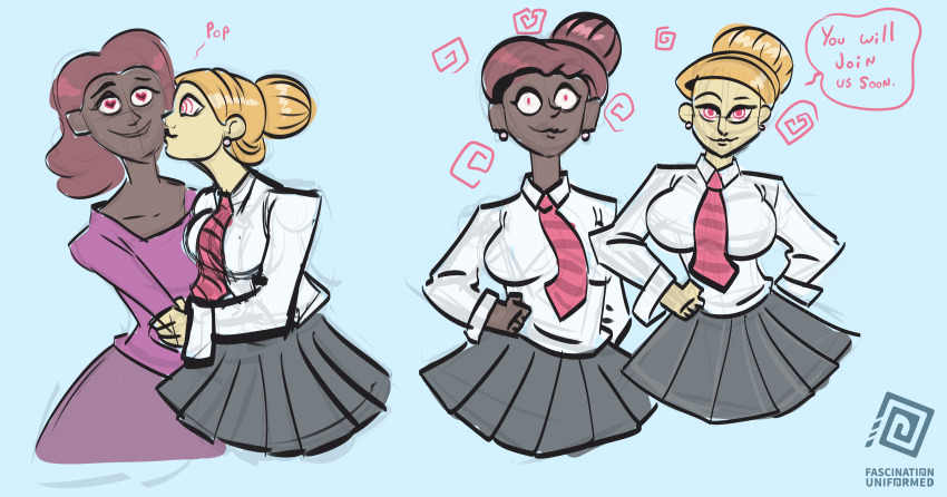 absurdres assimilation clothed corruption dark_skin dialogue earrings femdom femsub glowing_eyes hair_buns hand_on_hip heart_eyes light_skin mr_scade pink_eyes ring_eyes school_uniform shirt shrunken_irises signature simple_background single_hair_bun skirt smile speech_bubble spiral text tie