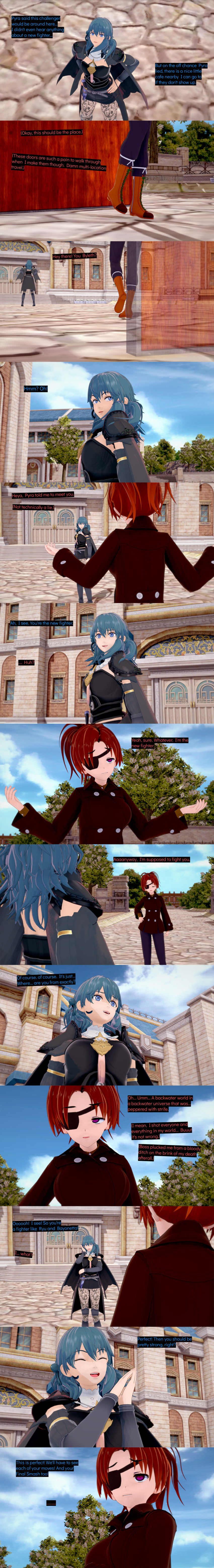 absurdres aware blue_eyes blue_hair byleth_eisner closed_eyes confused cyanstargazer dialogue english_text eyepatch female_only fire_emblem fire_emblem_three_houses multiple_girls nintendo red_eyes red_hair short_hair super_smash_bros. text