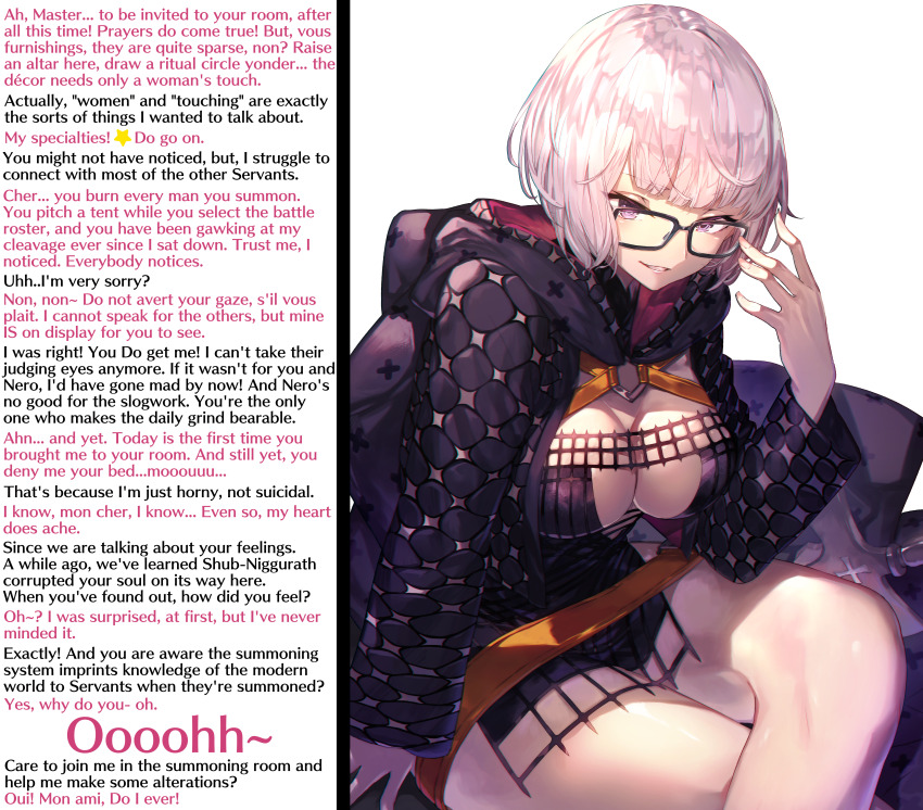 absurdres breasts bugmenotencore_(manipper) caption caption_only cleavage cloak clothed cross crossed_legs dress english_text evil_smile fate/grand_order fate_(series) femdom glasses jacques_de_molay_(foreigner) large_breasts looking_at_viewer magic maledom manip multiple_doms pink_hair pov purple_eyes short_hair simple_background sitting smile surprised takanishi_tatsuya text thighs white_background