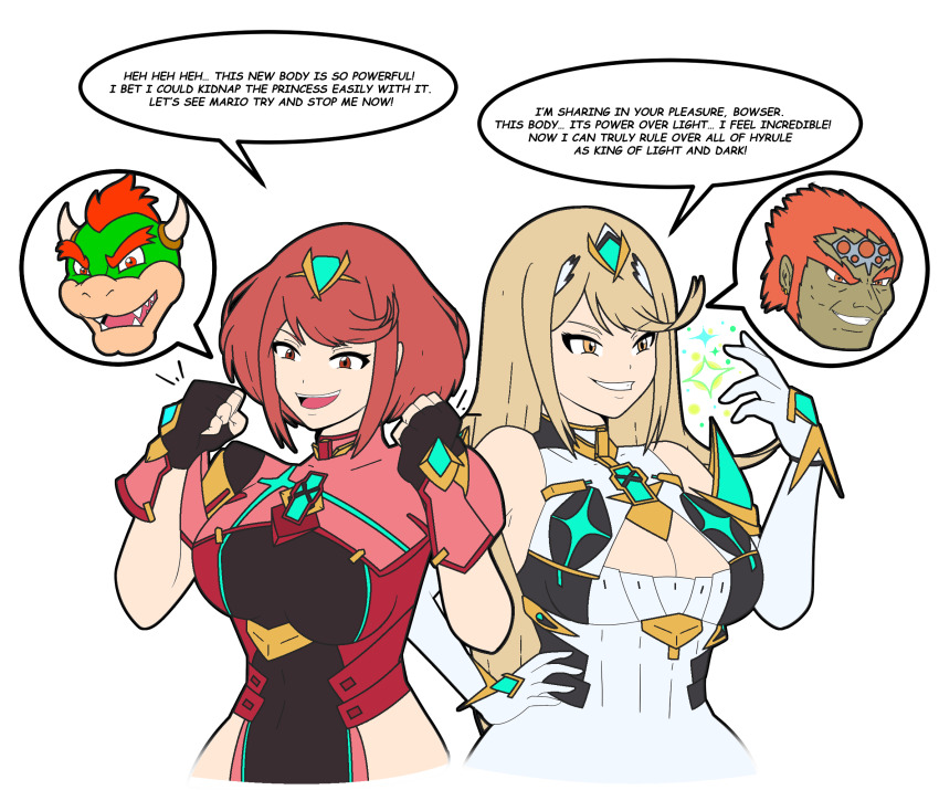 alzul-blue blonde_hair bowser breasts cleavage comic corruption crossover english_text evil_smile femsub ganondorf gloves hand_on_hip happy_trance horns long_hair maledom mrff25 mythra_(xenoblade) nintendo orange_eyes orange_hair possession pyra_(xenoblade) red_eyes red_hair short_hair sisters smile speech_bubble super_mario_bros. text the_legend_of_zelda white_background xenoblade_chronicles xenoblade_chronicles_2 yellow_eyes