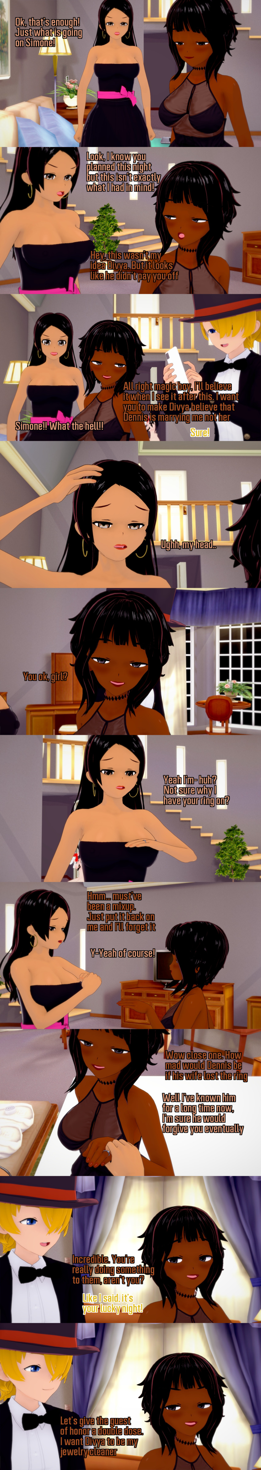 absurdres black_eyes black_hair blonde_hair blue_eyes brown_eyes clothed dark_skin dialogue divya_(veritas) english_text femdom femsub hair_covering_one_eye long_hair magician maledom matthew_(veritas) multiple_doms multiple_girls phone short_hair simone_(veritas) text veritas zenin1