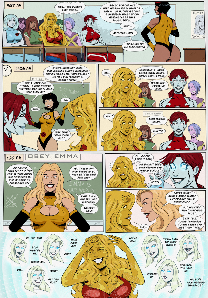 ass black_hair blonde_hair blue_hair blue_skin breasts brown_hair classroom cleavage cleavage_cutout clock comic corruption dark_skin dialogue emma_frost female_only femdom femsub gold_skin green_hair green_skin harem karma lifeguard_(x-men) long_hair magma marvel_comics mercury_(x-men) mirage_(x-men) multiple_subs polmanning purple_skin red_hair resisting short_hair smile speech_bubble super_hero teacher telepathy text whitewash_eyes x-men