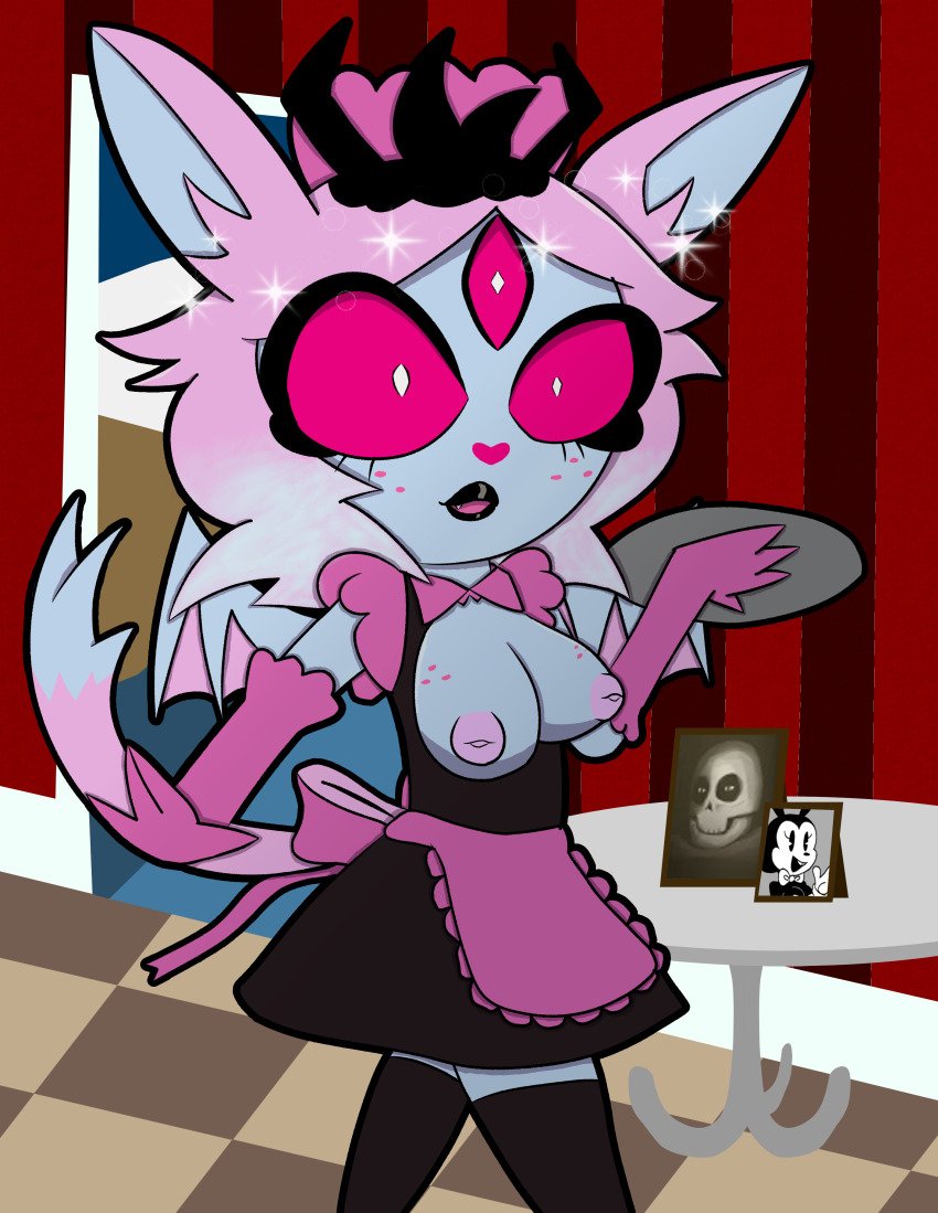 alternate_costume black_lipstick breasts cat_girl emberlynn_pinkle empty_eyes expressionless femsub furry helluva_boss inverted_nipples maid maid_headdress monster_girl multicolored_hair open_clothes tail tcross