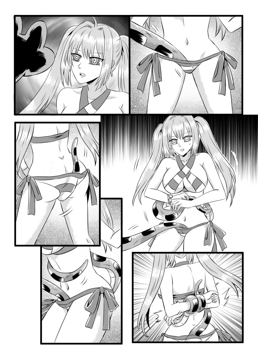 arms_behind_back bikini bondage coils comic crotch_rub dazed disney fate/grand_order fate_(series) kaa kaa_eyes large_breasts long_hair monochrome nero_claudius_caesar_augustus_germanicus_(fate) nilanandita resisting restrained snake the_jungle_book twintails