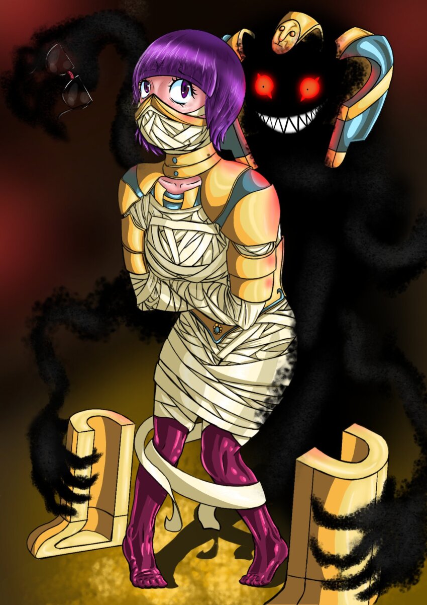 bandage cofagrigus femsub ghost mrbones2210 mummification mummy nintendo pokemon pokemon_(creature) purple_hair shauntal tagme