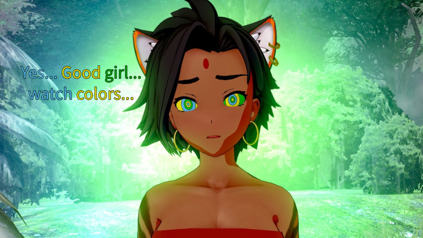 bare_shoulders black_hair female_only femsub jewelry kaa_eyes koikatsu! perfect_idiot rwby sienna_khan text tiger_girl