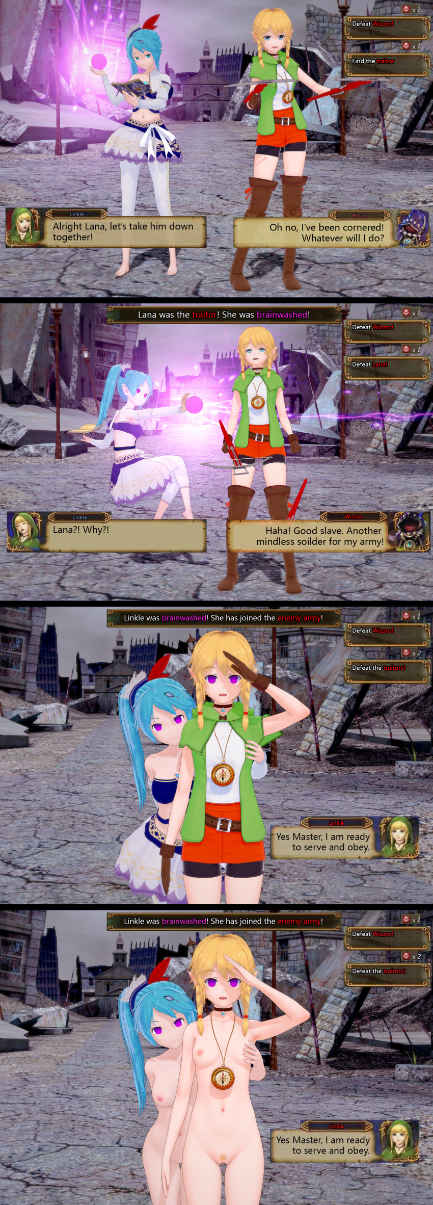 absurdres betrayal blonde_hair blue_eyes blue_hair book breasts choker clothed crossbow dialogue elf elf_ears english_text eye_roll femsub hypnotic_magic_(artist) hypnotized_assistant hyrule_warriors lana_(zelda) linkle maledom multiple_girls multiple_subs nintendo nipples nude pink_eyes pubic_hair pussy saluting sequence short_hair shorts standing_at_attention text the_legend_of_zelda weapon wizzro