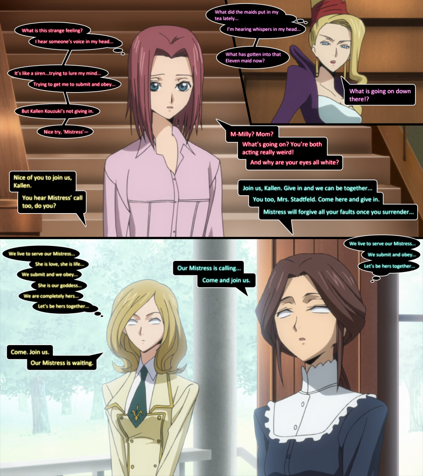 aliensdideverything_(manipper) blonde_hair blue_eyes brown_hair code_geass dialogue english_text expressionless female_only femdom femsub kallen_stadtfeld long_hair manip milly_ashford multiple_girls multiple_subs open_mouth red_hair school_uniform short_hair speech_bubble text thought_bubble tied_hair whitewash_eyes